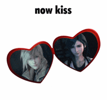 a pair of heart shaped mirrors with the words now kiss written above them