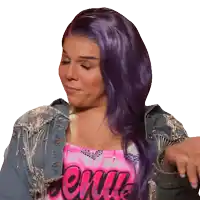 a woman with purple hair is wearing a pink shirt that says denim