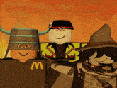 a cartoon character wearing a mcdonald 's shirt is standing next to two other characters