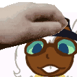 a hand is putting a hat on a cartoon character with glasses .