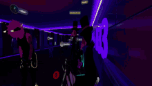 a group of people are standing in a dark room with a purple sign that says ghostbear
