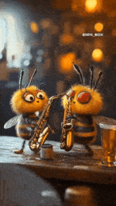 two cartoon bees are playing saxophones on a wooden table .