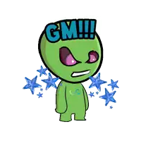 a green cartoon character with the word gm written on it