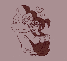 a drawing of a girl hugging another girl with hearts coming out of their eyes