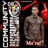 a man in a floral shirt is standing in front of a red background that says community 08