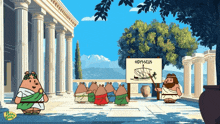 a group of cartoon characters are standing in front of a sign that says odysselus