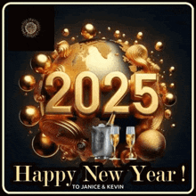 a happy new year greeting card with a globe and glasses of champagne