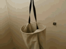 a laundry bag is hanging on a wall in a bathroom .