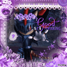 a picture of shadow the hedgehog surrounded by purple flowers with the words good morning