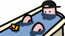 a cartoon of two people in a bathtub with one wearing a black hat