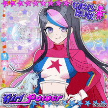 a picture of a girl with a unicorn and the words girl power above her
