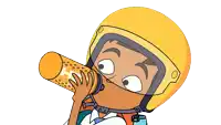 a cartoon boy wearing a yellow helmet drinks from a bottle