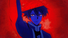 a blue and red anime character is pointing his finger
