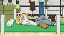 a cartoon of a man laying on a green carpet surrounded by stuffed animals