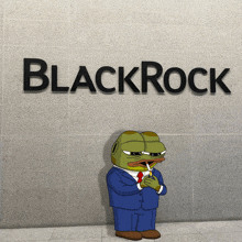 a frog in a suit stands in front of a blackrock sign