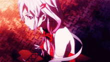 a girl with pink hair is standing in a dark room .
