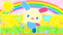 a cartoon bunny is standing in a field of yellow flowers with butterflies and a rainbow in the background