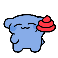a blue cartoon character is holding a pile of yellow poop on its head .