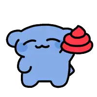 a blue cartoon character is holding a pile of yellow poop on its head .