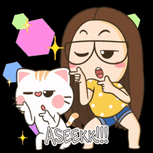 a cartoon of a girl and a cat saying aseek !!!