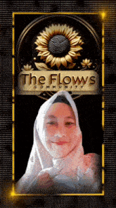 a woman in a white hijab is smiling in front of a logo for the flows community