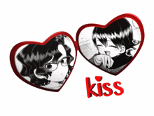 two black and white hearts with the word kiss in red
