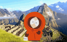 a cartoon character with an orange hood stands in front of a mountain