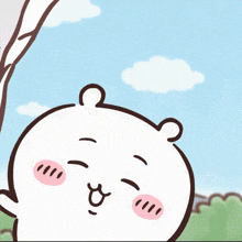 a cartoon of a rabbit and a bear looking at each other with a blue sky in the background