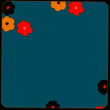 a blue background with red and white arabic writing and flowers