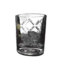 a glass filled with ice and a label that says ' brandy ' on it