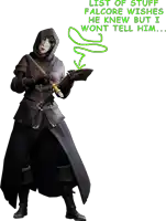 a drawing of a person with the words list of stuff falcore wishes he knew but i wont tell him below it