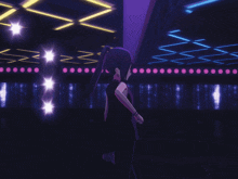 a girl in a black dress stands in a dark room with purple lights