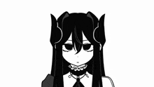 a black and white drawing of a girl with long hair and horns .