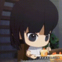 a cartoon character is sitting at a table eating a piece of cake .