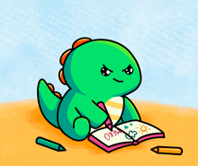 a drawing of a green dinosaur writing in a notebook