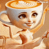 a cartoon girl in a tutu is holding a cup of coffee in front of her head .