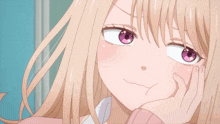 a girl with blonde hair and purple eyes is making a face