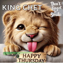 a picture of a lion with its tongue sticking out and the words " happy thursday "