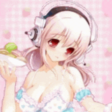 the girl is wearing headphones and holding a plate of food in her hands .