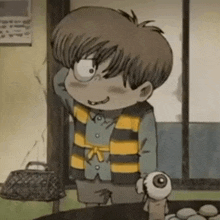 a cartoon character with a yellow and black striped shirt is standing next to a stuffed eye