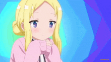 a girl with blonde hair and blue eyes is wearing a pink jacket