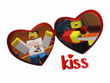 two hearts with a lego character and the word kiss in red