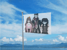 a flag with a picture of three anime characters flying in the wind