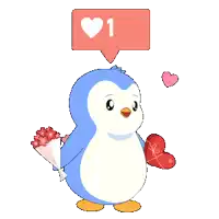 a penguin is holding a heart and a bouquet of flowers with a speech bubble that says 520