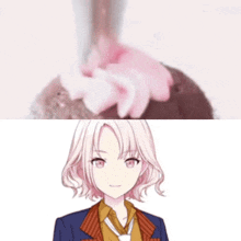 a girl with pink hair is standing next to a pink rose shaped cake .