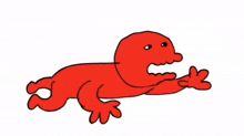 a cartoon drawing of a red lizard with its mouth open and arms outstretched