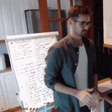 a man wearing glasses stands in front of a white board with a list of things to do