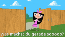 a cartoon of a girl standing in front of a wooden fence with the words " was machst du gerade sooooo "