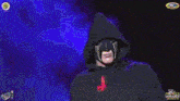 a man wearing a black hoodie is standing in front of a green light ..