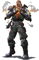 a man with a beard is holding a gun with a buckle that says ' dab '